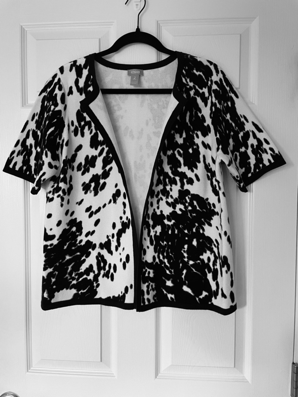 Chico’s Cow Print Open Front Cardigan | Black White Abstract Cotton Knit